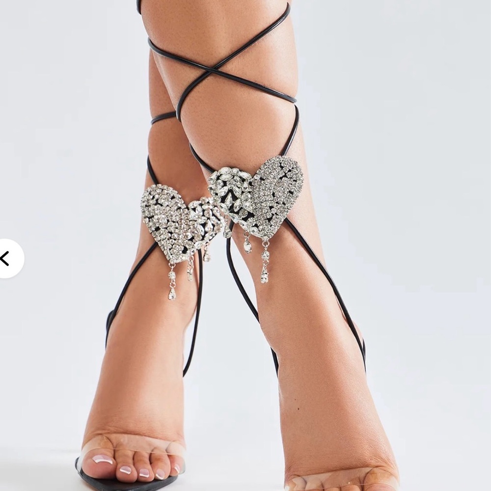 Fashion Nova Strappy Black Heels with Silver Heart Details